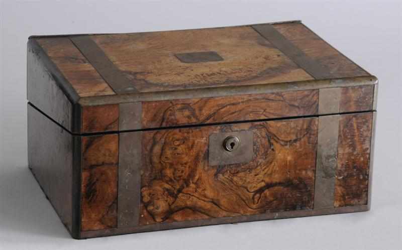 Appraisal: VICTORIAN BRASS-MOUNTED BURL WALNUT TRAVELLING LAP DESK The hinged top