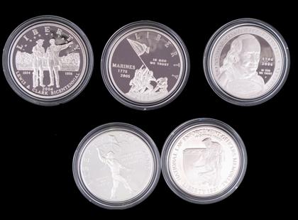 Appraisal: Five assorted commenorative proof silver dollarsCased and boxed