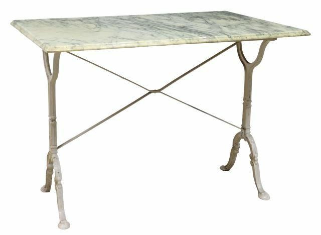 Appraisal: French Parisian marble-top cast iron bistro table th c rectangular