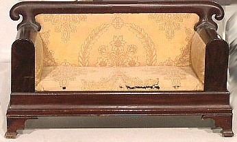 Appraisal: Mahogany miniature sofa th C scrolled crest rail arched arms