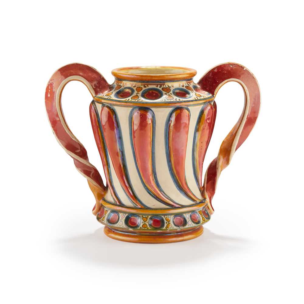 Appraisal: CANTIGALLI ITALY TWIN-HANDLED VASE CIRCA tin-glazed earthenware with lustre highlights