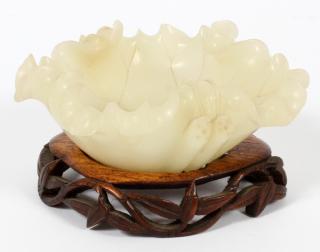 Appraisal: CHINESE LEAF-FORM SOAPSTONE BRUSH WATER BOWL H W L On