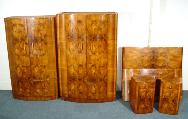 Appraisal: Art Deco walnut five piece bedroom suite comprising a pair