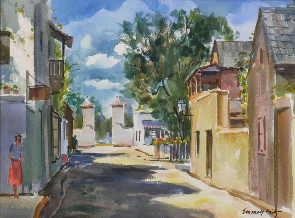 Appraisal: Street scene watercolor painting by Emmett Fritz American - likely