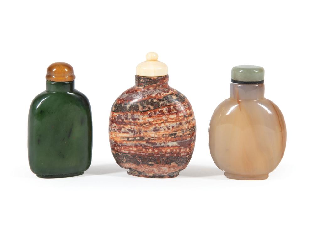 Appraisal: Three Chinese Snuff Bottles incl green jade h in puddingstone