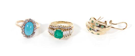 Appraisal: Gemstone pair earrings and rings pair K emerald and diamond