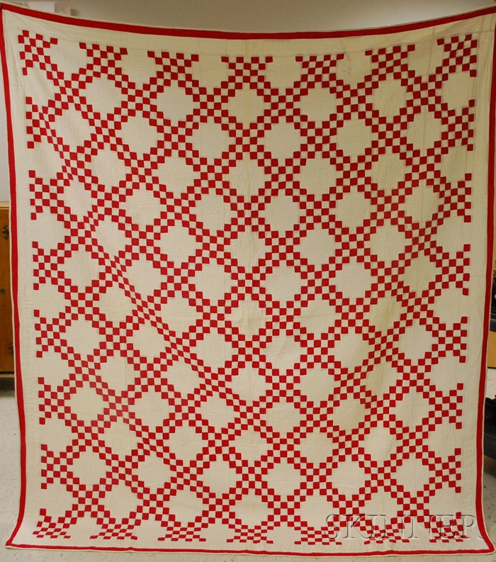 Appraisal: Red and White Pieced Cotton Hand-stitched Irish Chain Pattern Quilt