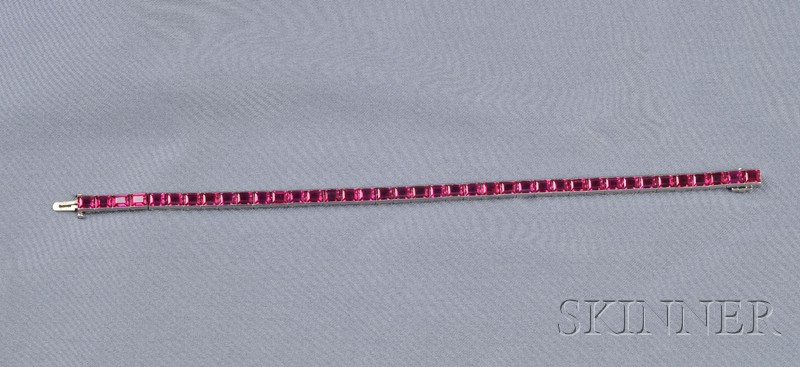 Appraisal: Platinum and Synthetic Ruby Line Bracelet M Waslikoff Sons channel-set