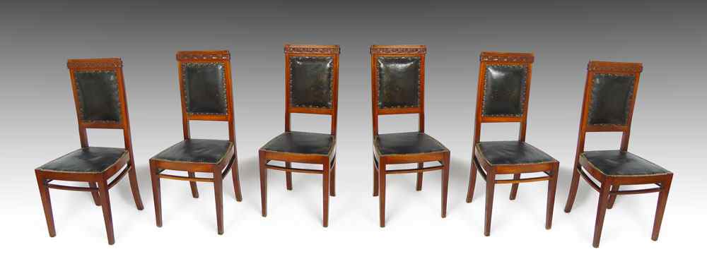 Appraisal: SET OF EARLY DECO SQUARE BACK CARVED LEATHER CHAIRS Deco