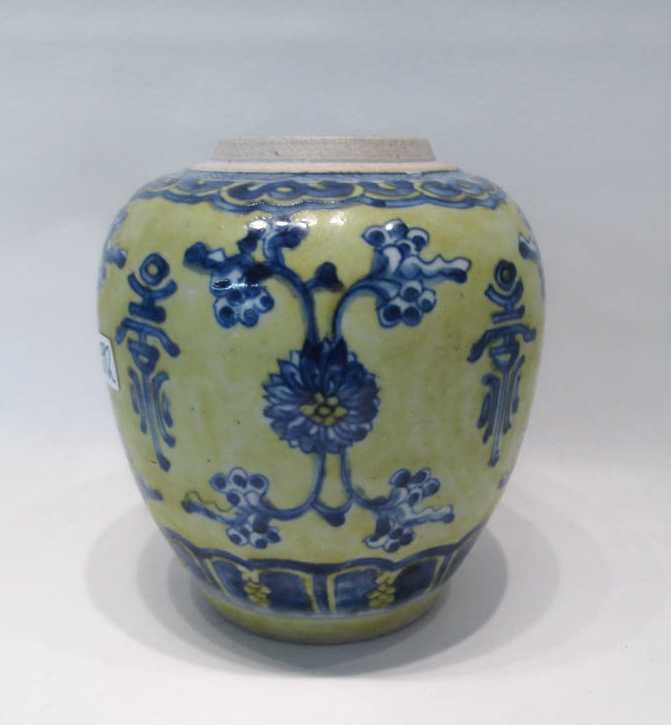 Appraisal: CHINESE PORCELAIN GINGER JAR with blue floral and symbols on