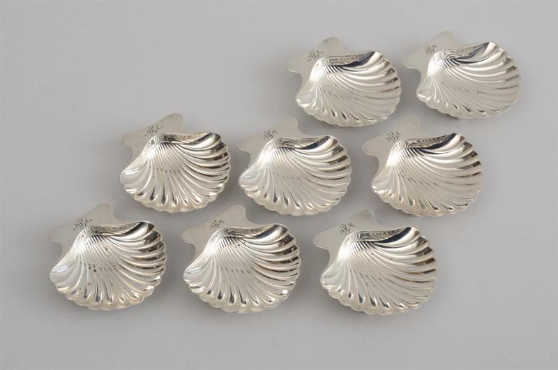 Appraisal: ASSEMBLED SET OF EIGHT TIFFANY CO MONOGRAMMED SILVER SHELL-FORM INDIVIDUAL