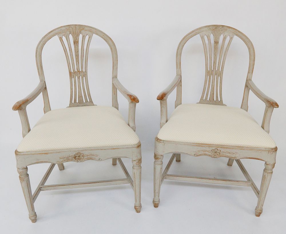 Appraisal: Pair of Swedish Gustavian Style Lime Washed Open Armchairs circa