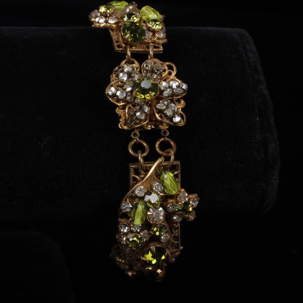 Appraisal: Clear Green Rhinestone Floral Bracelet with Filigree