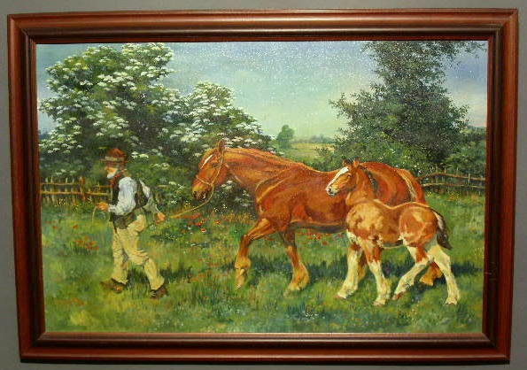 Appraisal: Oil on canvas painting of a farmer leading a draft