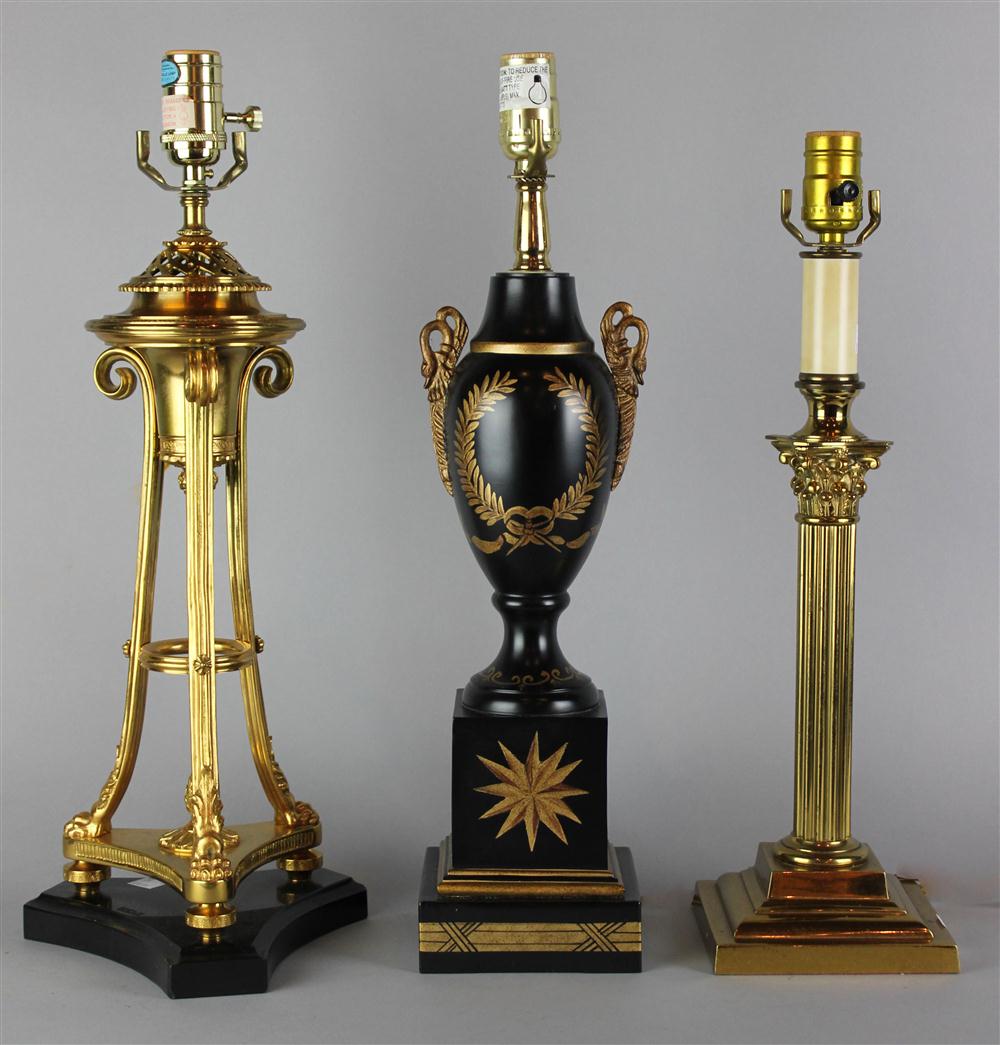 Appraisal: THREE TABLE LAMPS including one gilt metal of brazier form