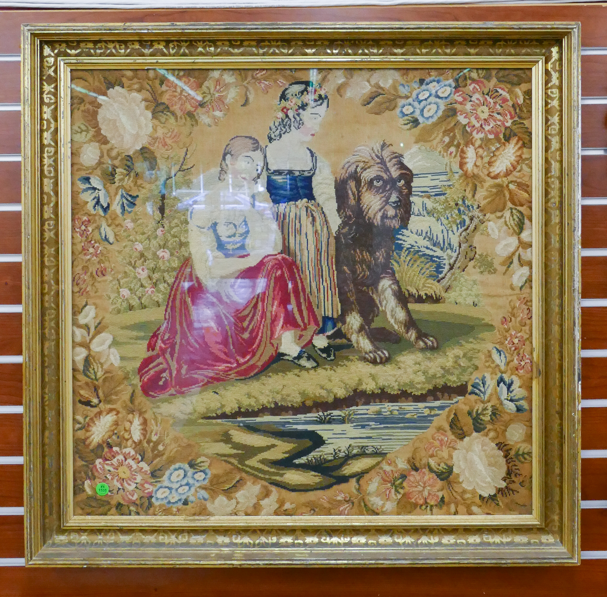 Appraisal: Victorian Girls with Dog Needlework Framed- x ''