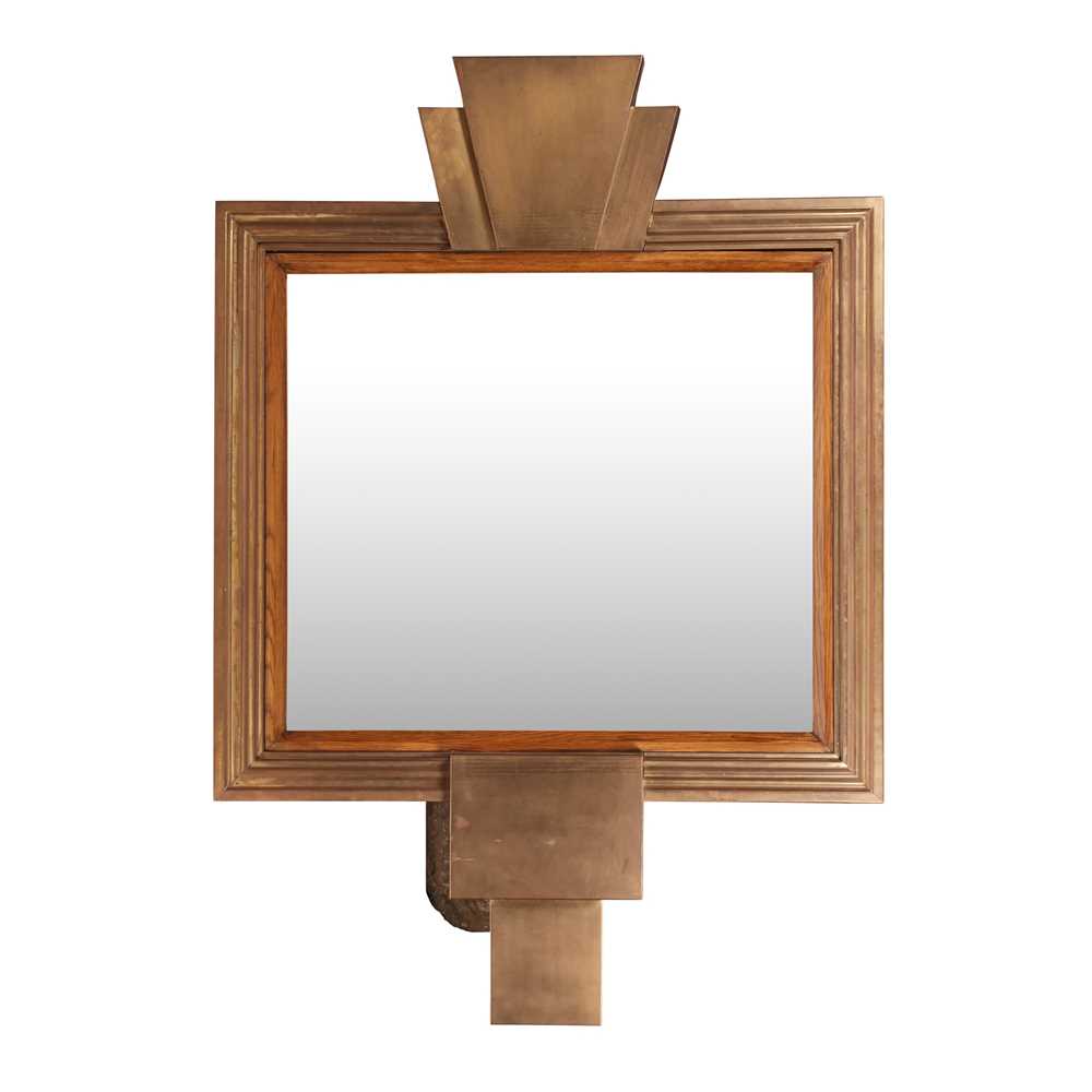 Appraisal: BRITISH ART DECO STYLE WALL MIRROR MODERN patinated brass oak