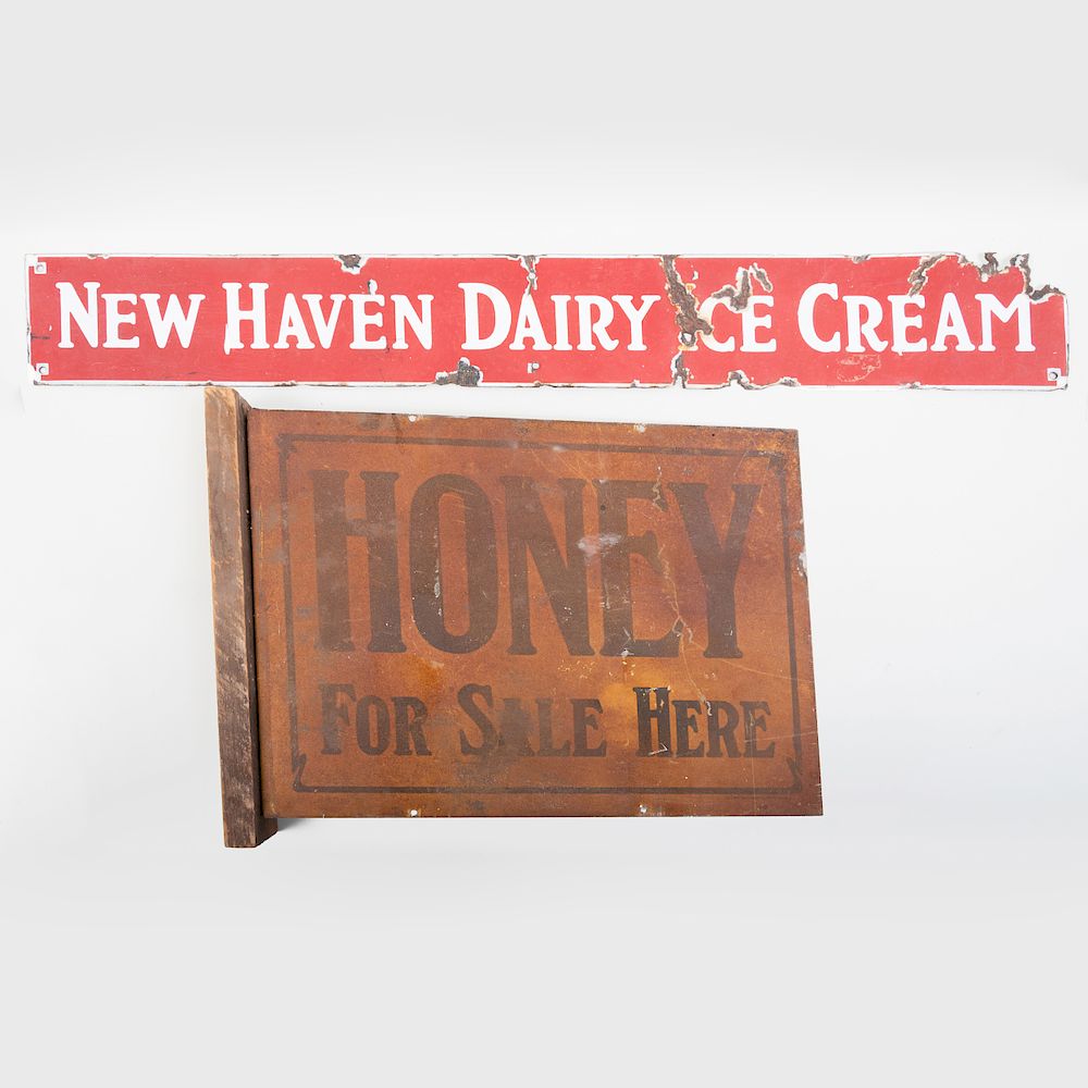 Appraisal: Printed Metal Honey Trade Sign and an Enameled Metal Ice