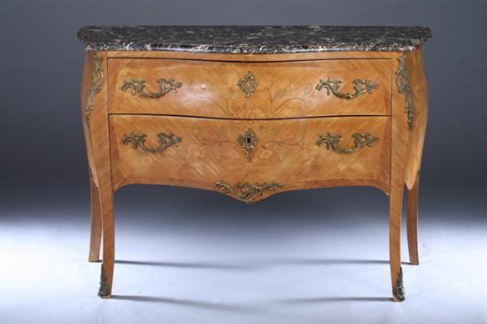 Appraisal: LOUIS XV STYLE MARBLE-TOP INLAID KINGWOOD BOMBE COMMODE th century