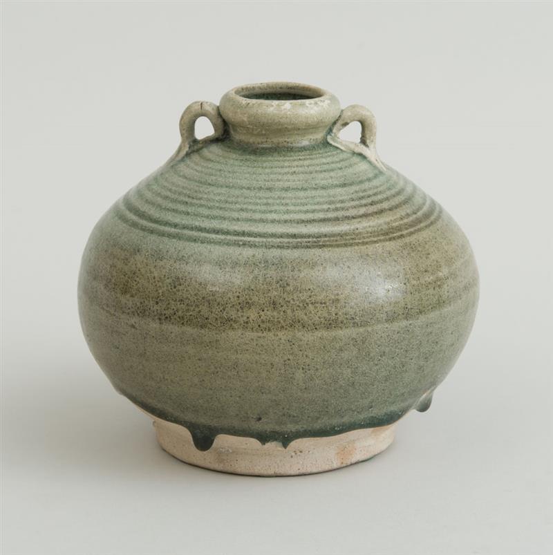 Appraisal: CHINESE CELADON-GLAZED POTTERY SPHERICAL FOOTED VASE x in Estimate -