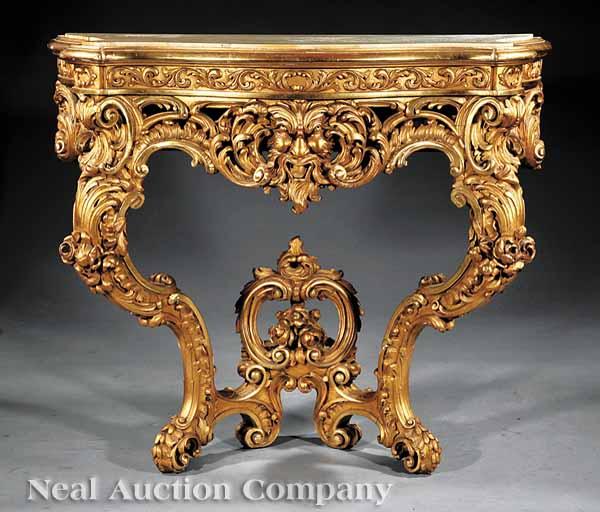 Appraisal: A R gence Carved Giltwood Console th c inset serpentine