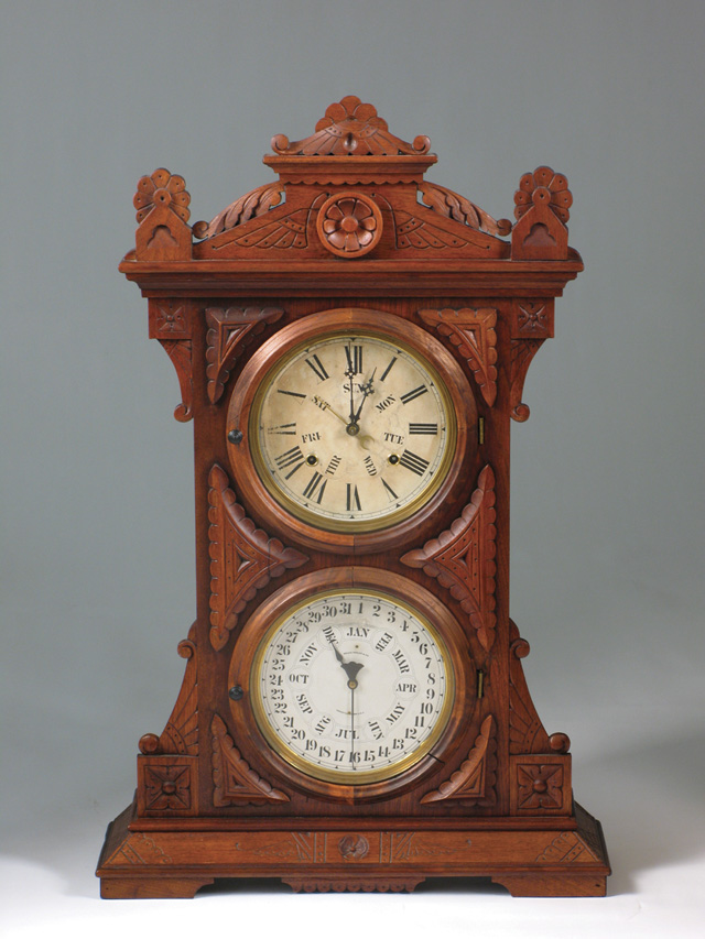 Appraisal: WALNUT CASED DOUBLE DIAL CALENDAR SHELF CLOCK B W Audran