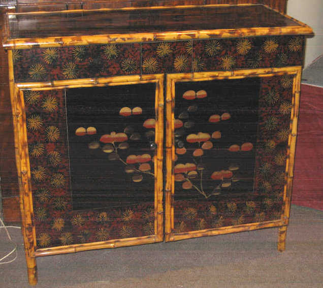 Appraisal: ASIAN DESIGN BAMBOO AND LACQUERED SIDE CABINET With allover colorful