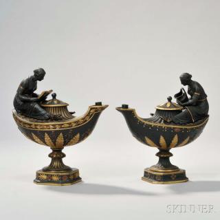 Appraisal: Two Wedgwood Gilded and Bronzed Black Basalt Oil Lamps England