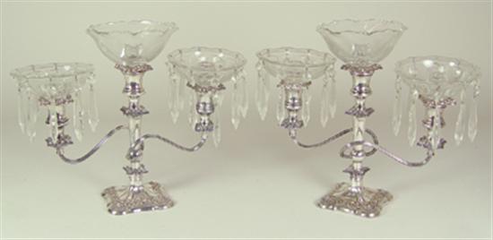 Appraisal: Pair of Silver Over Copper Three-Branch Candelabra Rococo scroll design