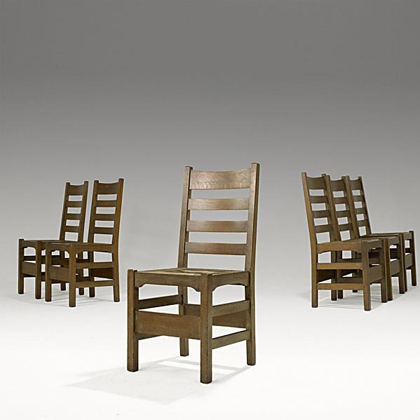 Appraisal: GUSTAV STICKLEYSet of six early U-Back ladderback dining chairs no