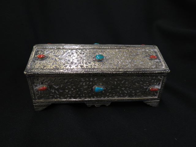 Appraisal: Persian Style Silvered Bronze Dresser Box Turquoise and coral inlay