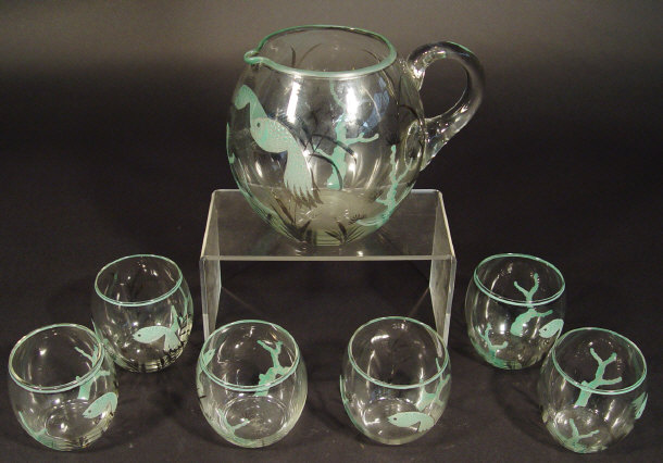 Appraisal: s glass lemonade set decorated with silver lustre and green