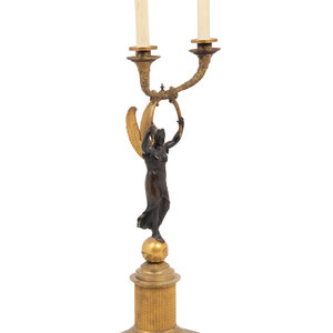 Appraisal: A Continental Gilt and Patinated Bronze Figural Two-Light Candelabrum Mounted