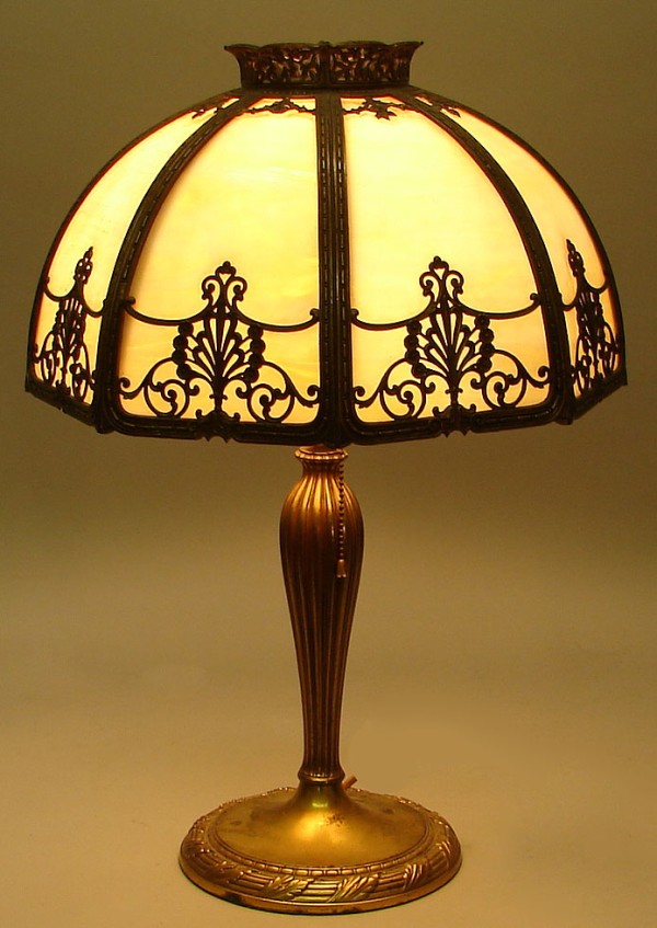 Appraisal: Slag glass lamp filigree style shade with eight glass panels