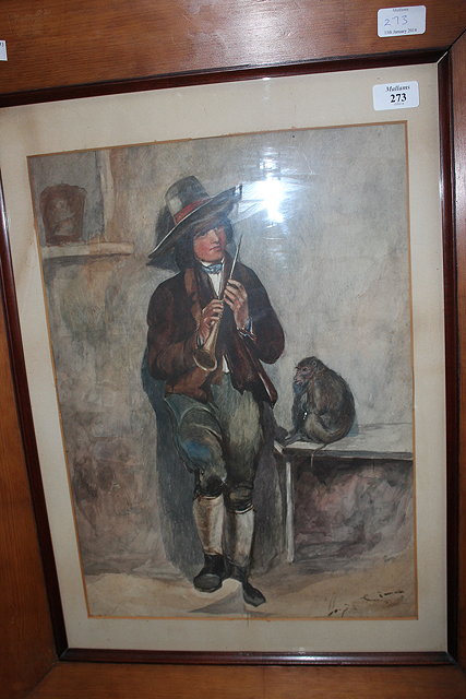 Appraisal: A TH CENTURY WATERCOLOUR of a musician and a monkey