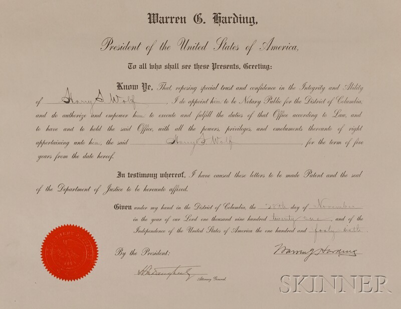 Appraisal: Harding Warren G - Signed document one page November th