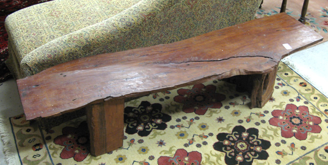 Appraisal: TEAKWOOD PLANK BENCH with long teak plank bench seat spanning