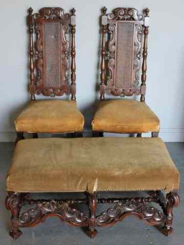 Appraisal: Pair of William and Mary Style Chairs withMatching Bench From