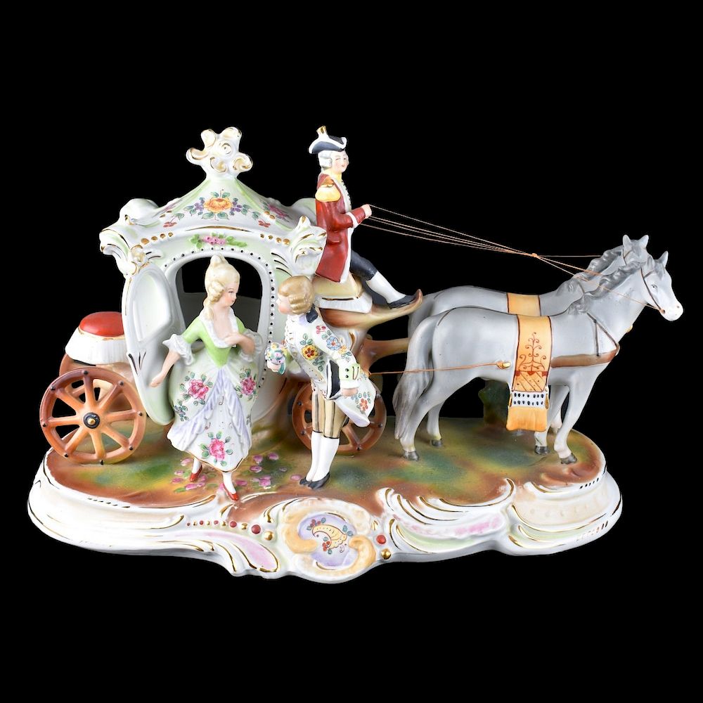 Appraisal: Dresden Stagecoach Dresden Porcelain Handpainted Stagecoach Signed Measures - H