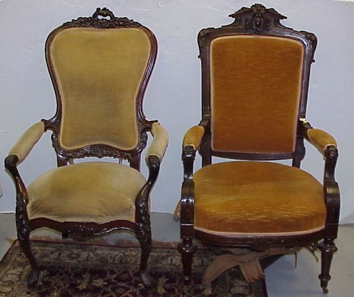 Appraisal: Two open armchairs one floral and scroll carved velvet upholstery