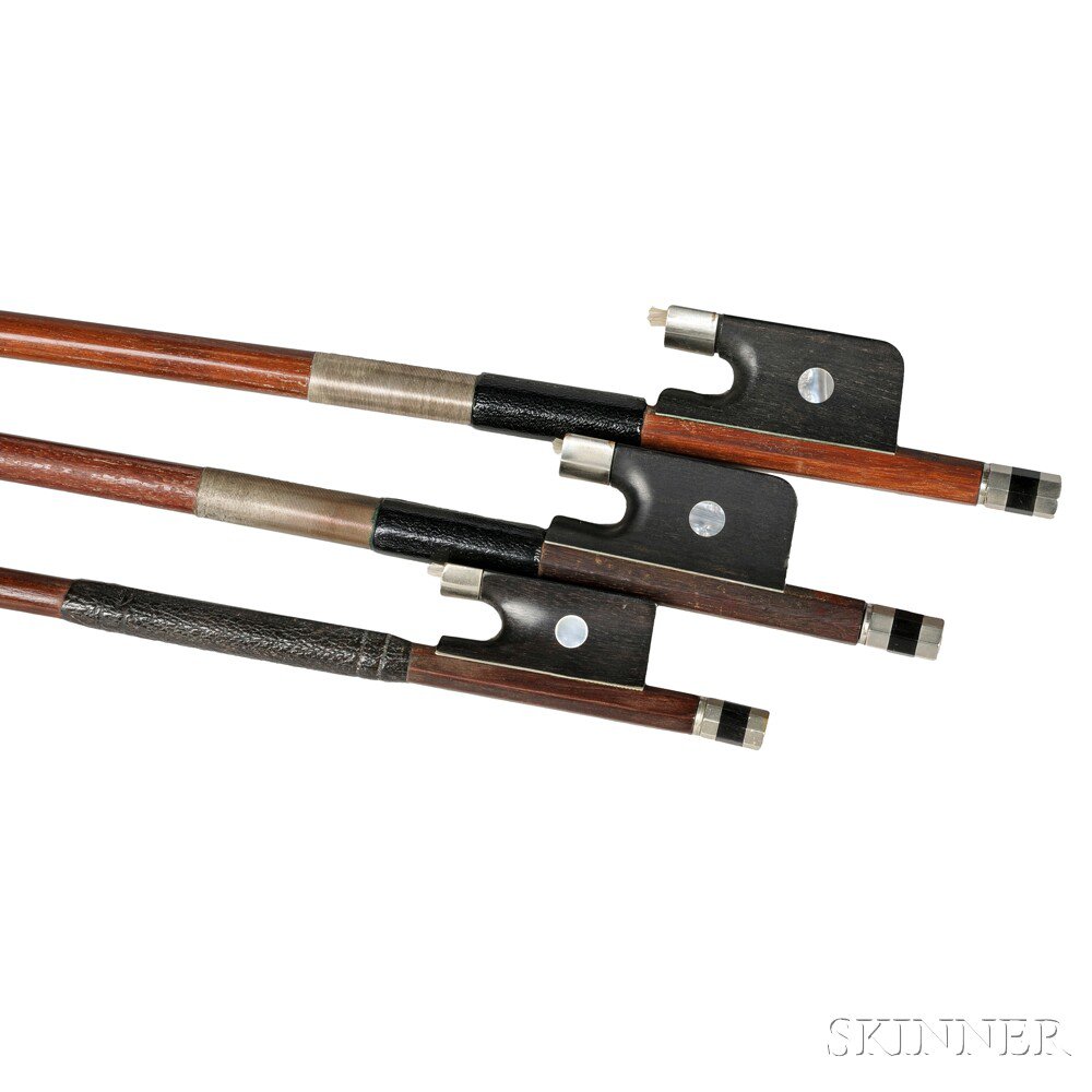 Appraisal: Two Nickel Silver-mounted Cello Bows and a Nickel Silver-mounted Violin