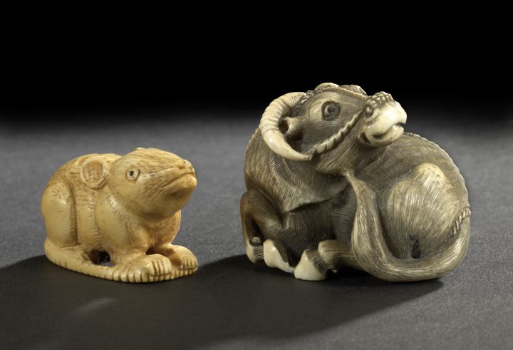 Appraisal: Two Japanese Carved Ivory Netsuke one of a cream-colored mouse