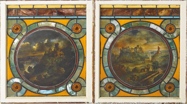 Appraisal: STAINED GLASS WINDOWS Pair of hand-painted windows depicting landscape scenes