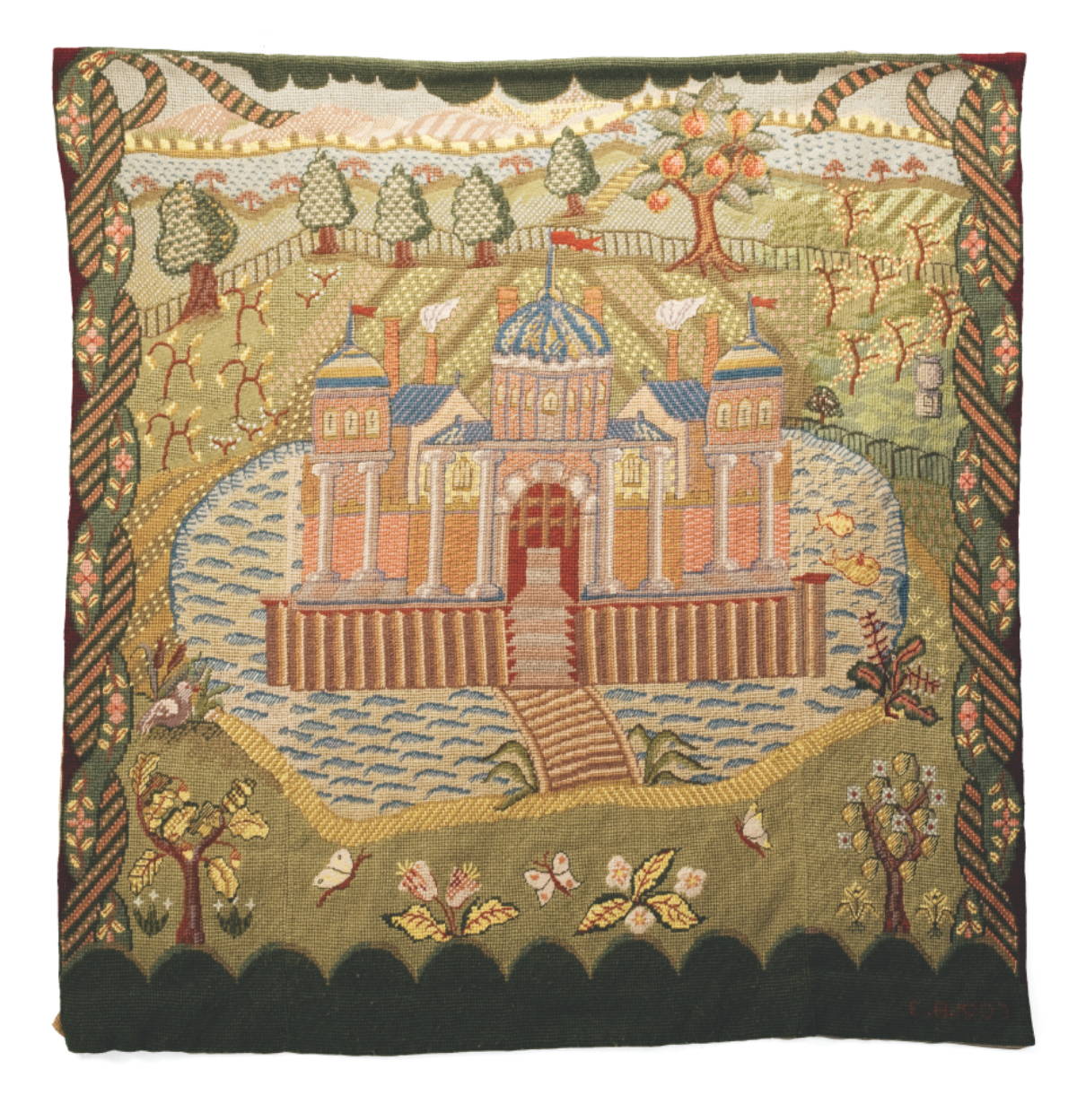 Appraisal: LARGE NEEDLEPOINT WALL HANGING OF A CASTLE SURROUNDED BY A