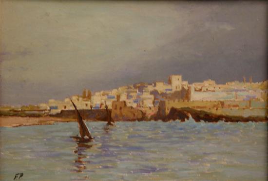 Appraisal: North African coastal landscape with a beach and a village