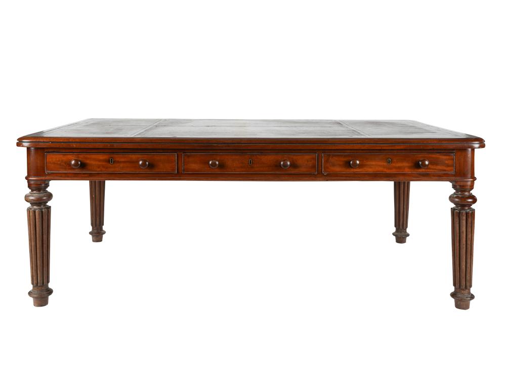 Appraisal: ENGLISH MAHOGANY PARTNERS DESK th century with gilt-tooled brown leather-inset