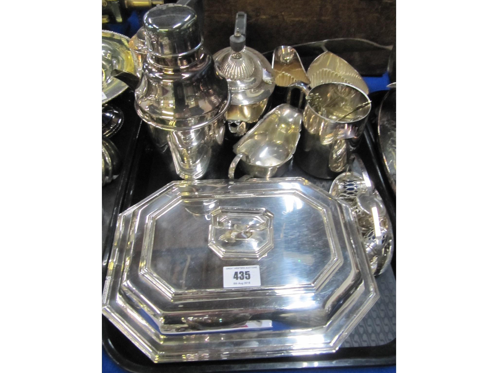 Appraisal: A tray lot of EP - tea service cocktail shaker