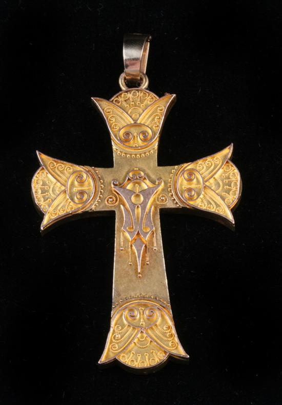 Appraisal: VICTORIAN YELLOW GOLD CROSS PENDANT c Satin-finish cross with applied