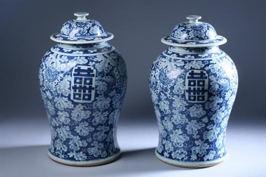 Appraisal: PAIR CHINESE BLUE AND WHITE PORCELAIN BALUSTER JARS AND COVERS