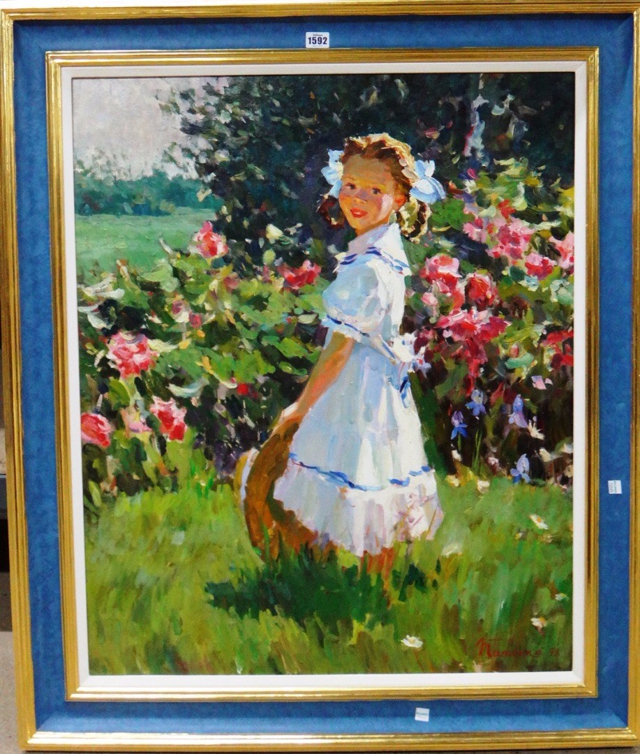 Appraisal: Mumehko th century Young girl in a garden oil on